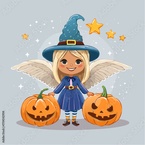 Cute little angel witch with jack-o'-lantern pumpkins for a fun and magical Halloween celebration concept