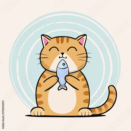 Kawaii cartoon ginger cat character cuddling a fish, a cute vector animal art for pet lovers