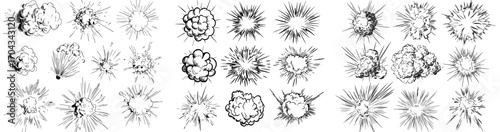 The explosion of a cartoon bomb or TNT is represented by a comic effect of crash and bang, accompanied by a pop spark and flash clouds in doodle line