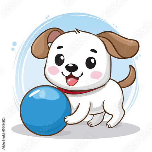 Cute cartoon puppy with white fur and brown ears happily plays with a blue ball, exuding playful pet joy