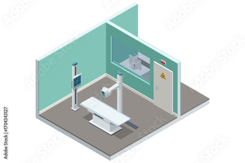 X-ray machine without people. Isometric vector illustration of a modern hospital X-ray room with radiology equipment. Diagnostic imaging area, healthcare facility concept.