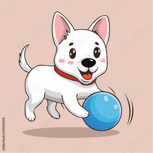 Playful white cartoon puppy with a joyful expression, actively chasing and playing with a bright blue ball, embodying pure fun and happiness