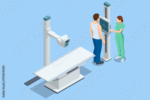 X-ray with patient and doctor. Isometric vector illustration of a radiologist and patient during chest X-ray. Healthcare, medical diagnostics, radiology examination procedure.