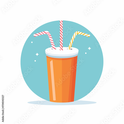 A vibrant and colorful soda cup illustration with striped straws in a minimalist style