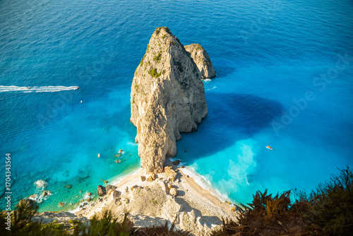 Fototapeta Naklejka Na Ścianę i Meble -  Mizithres Zakynthos Island Greece stunning coastal scenery with crystal blue water sandy beach and rocky cliffs one of the most visited places
