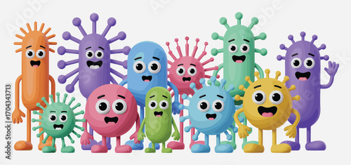 Cute colorful cartoon germs, funny virus characters, friendly bacteria illustration, adorable microbes clipart, happy monsters design, children background