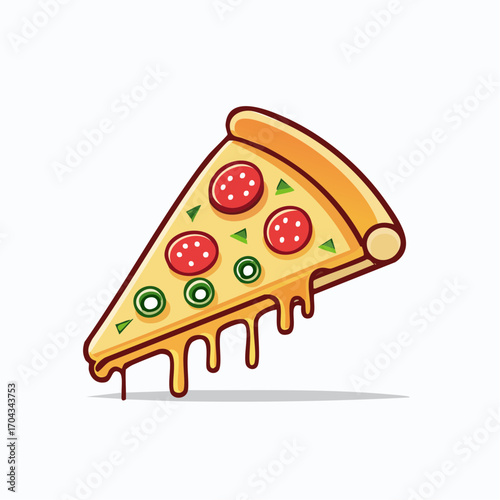 A vibrant illustration of a delicious pizza slice with toppings, oozing cheese on white