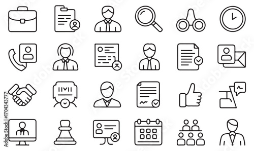 Minimalist outline human resources symbols: job search, resume, hiring, planning, and office management icons set