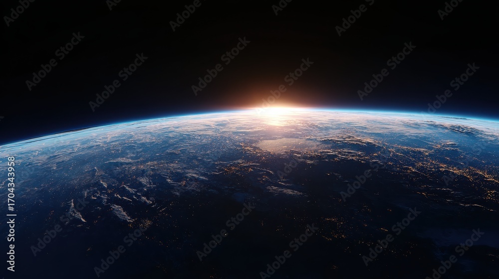 Obraz premium view of earth from space with a focus on the illuminated horizon during what appears to be sunrise or sunset it combines elements of astronomy