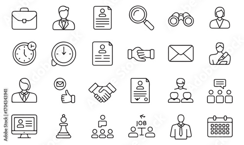 Line icons set of recruitment, career, HR, management, teamwork, and business strategy in minimalist outline style