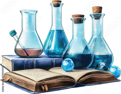 Vintage Chemistry Laboratory Equipment with Books and Orbs science experiment