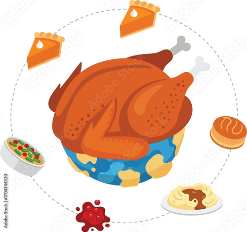 Vector art of thanksgiving turkey dinner with side dishes