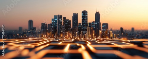 A stunning urban skyline at sunset, featuring modern skyscrapers illuminated by glowing lines, creating a futuristic atmosphere.