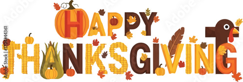 Vector art of happy thanksgiving greeting with pumpkins and turkey