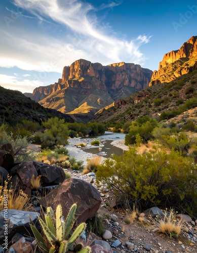 Canyon river scene at sunset