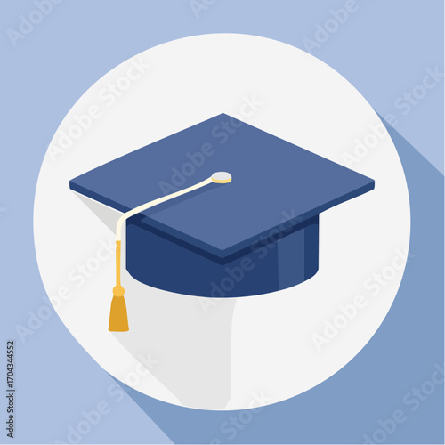 Academic Graduation Cap Illustration within a Circular Shape and Shadow on a Soft Blue Backdrop