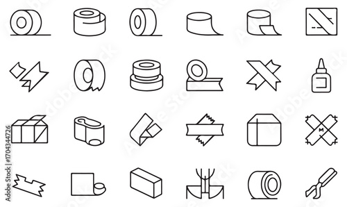 Minimalist outline adhesive tape symbols for office, school, craft, sealing, packaging, and repair supplies