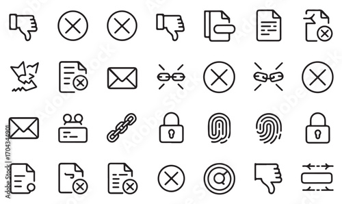 Line icons set of cancel, block, reject, deny, and error security symbols in minimalist outline style for web and apps