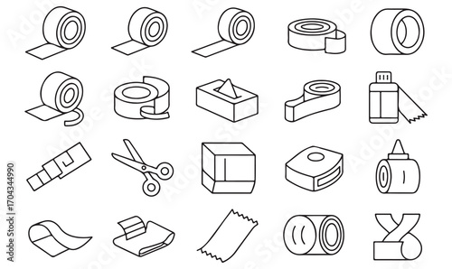 Stationery and office tape line icons set: adhesive, glue, scissors, sticky roll, dispenser, and packaging outline