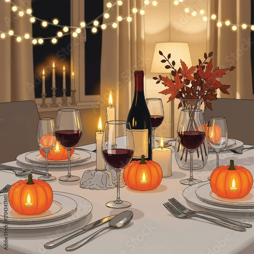 Vector art of festive thanksgiving dinner table setting with pumpkins and wine