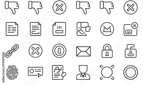 Security and privacy icons set: block, deny, fingerprint, lock, document, and data protection in outline style