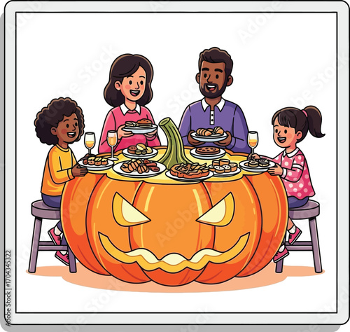 Vector art of family having halloween dinner at pumpkin table