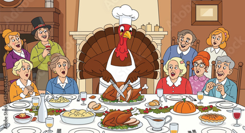 Vector art of turkey carving turkey at thanksgiving dinner with family illustration