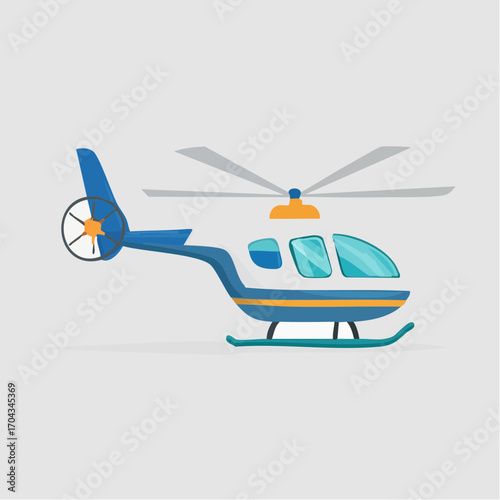 Artistic illustration of a stylized blue and white helicopter against a neutral background