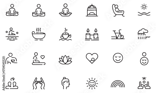 Minimalist outline wellness icons for yoga, meditation, balance, therapy, relaxation, happiness, and lifestyle concepts