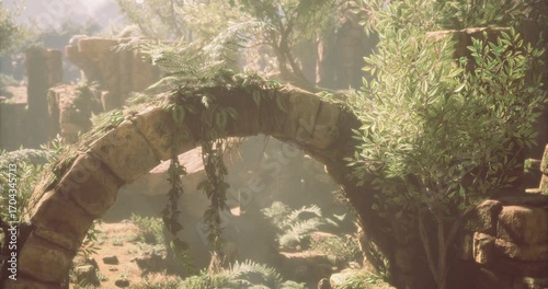 Amidst a tranquil valley, ancient stone ruins emerge, entwined with vibrant foliage. Sunlight filters through the trees, casting gentle shadows on the weathered stones, creating a magical atmosphere.