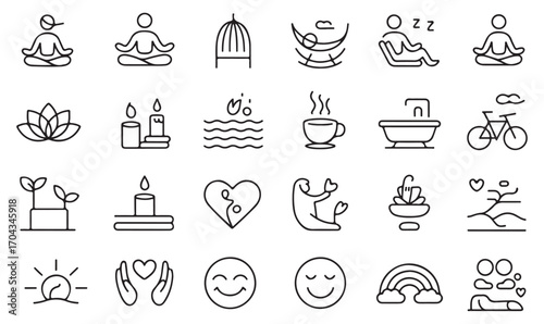 Minimal outline wellness symbols set: health, meditation, yoga, spa, relaxation, self-care, balance, and lifestyle