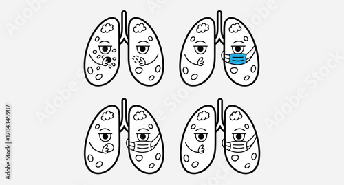 Cartoon lungs showing health conditions, coughing, sneezing, face mask protection, respiratory system, medical illustration, lung health awareness, sickness