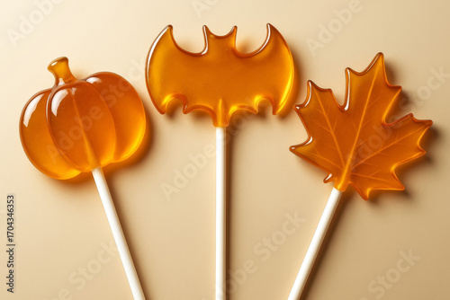 Orange fall themed lollipops in the shape of a pumpkin, bat and maple leaf on a beige background. Halloween party candies