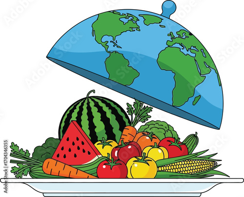 Vector art of global platter of fresh fruits and vegetables