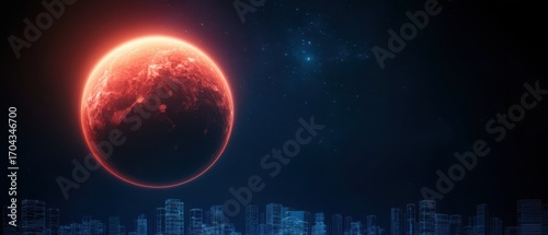 A vibrant red planet looms over a futuristic city skyline, set against a dark starry background, creating a surreal cosmic scene.