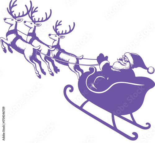 Whimsical purple santa claus and his reindeer flying through the sky in a sleigh