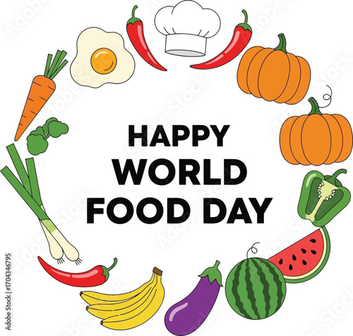 Vector art of happy world food day with fresh fruits and vegetables
