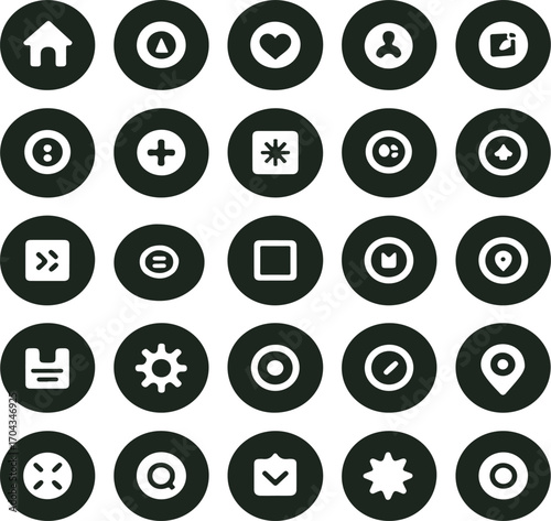 A grid of simple black circular icons featuring various common symbols and graphics