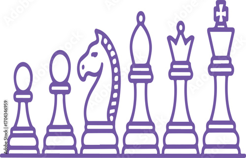 Stylized line art depicts chess pieces arranged in ascending order of value and size
