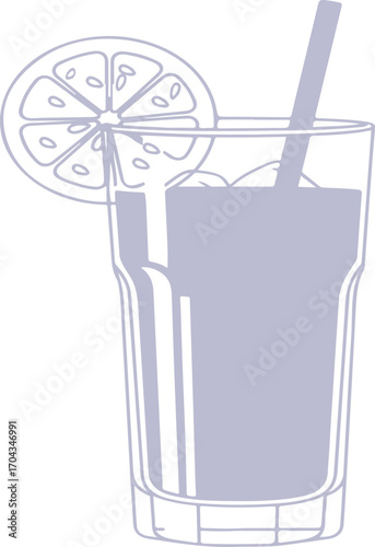 Refreshing purple beverage in a tall glass with ice and a lemon slice and strawv