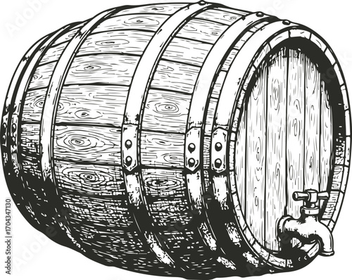 Vintage wooden barrel with metal bands and spigot for storing liquids in a rustic style