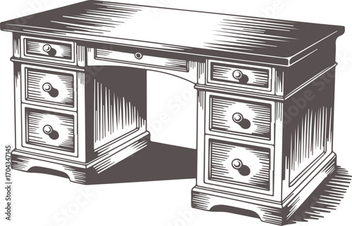 Vintage wooden executive desk with multiple drawers and ornate detailing for office or study