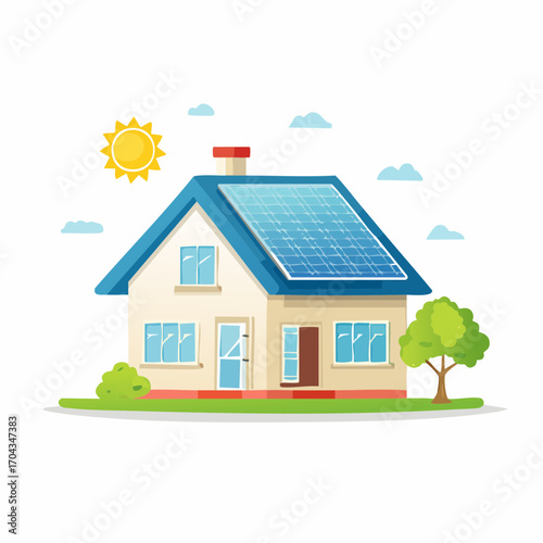 Depiction of a Home Utilizing Solar Energy and Green Technology for Eco-Conscious Living