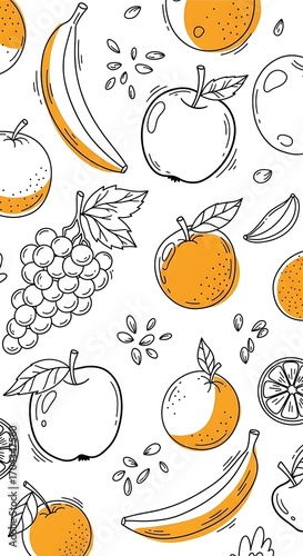 A cheerful pattern design features various fruits like apples, bananas, oranges, and grapes, depicted in simple line art with soft orange accents against a white backdrop.
