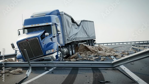 Blue semi truck lies tipped over on highway ramp with twisted trailer and scattered cargo debris