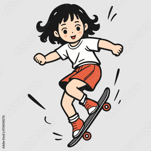 Skateboarding girl with energetic joy performing a jump