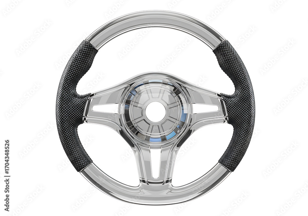 Naklejka premium Chrome steering wheel with black grip isolated on transparent background, front view