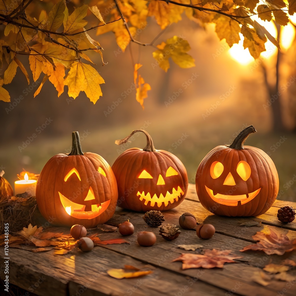 Fototapeta premium Three glowing jack o lanterns on a wooden table with autumn leaves and warm sunlight