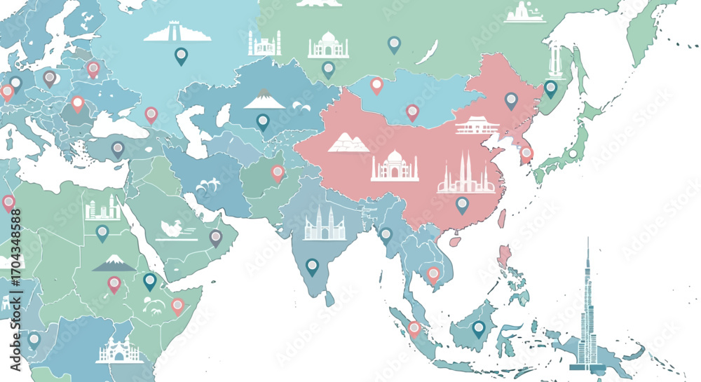 Fototapeta premium Colorful map of Asia and parts of Europe and Africa with landmarks and location pins.