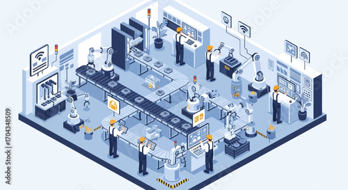 Isometric view of a modern automated factory with robotic arms, assembly lines, and workers overseeing production.